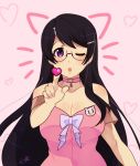  1girl bakemonogatari bare_shoulders bell bell_collar black_hair bow breasts cleavage collar commentary dress glasses hair_ornament hairclip hanekawa_tsubasa heart kokomi_(aniesuakkaman) large_breasts long_hair monogatari_(series) one_eye_closed open_mouth pink_background solo valentine very_long_hair violet_eyes 