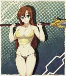  1girl bikini_bottom breasts brown_hair character_request cleavage commentary commission cowboy_shot english_commentary green_eyes highres large_breasts long_hair navel original over_shoulder panties polearm polka_dot shirt side-tie_panties solo spike_wible tank_top thigh_gap underwear weapon weapon_over_shoulder wet wet_clothes wet_shirt 