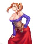  1girl bangs bare_shoulders belt belt_pouch breasts brown_eyes cleavage collarbone commentary_request corset dragon_quest dragon_quest_viii dress earrings hand_on_hip jessica_albert jewelry large_breasts long_hair long_sleeves looking_at_viewer mikanman orange_hair parted_lips signature simple_background skirt solo strapless strapless_dress twintails white_background 