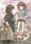 2girls age_difference backpack bag cherry_blossoms child hand_holding itou_hachi long_hair long_skirt multiple_girls original pantyhose randoseru shawl shorts skirt smile tagme