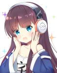 1girl :d azur_lane bangs bare_shoulders blue_eyes blue_jacket blush brown_hair clothes_writing collarbone commentary_request eyebrows_visible_through_hair fingernails hands_on_own_cheeks hands_on_own_face headphones jacket leng_xiao long_hair long_island_(azur_lane) nail_polish off-shoulder_shirt open_mouth pink_nails shirt sidelocks simple_background smile solo sparkle very_long_hair white_background white_shirt 