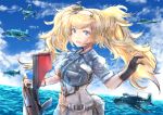  1girl aircraft airplane bangs belt blonde_hair blue_eyes blue_shirt blue_sky blush breast_pocket breasts buckle clouds collared_shirt commentary day fatherland2009 flight_deck gambier_bay_(kantai_collection) gloves hair_between_eyes hairband hand_up headgear kantai_collection large_breasts long_hair messy_hair ocean open_mouth outdoors pocket shirt short_sleeves sidelocks sky smile solo twintails water 