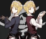  2girls apron back-to-back bangs black_apron black_background black_gloves black_neckwear blonde_hair blue_jacket bow bowtie brown_vest closed_mouth cocktail_shaker commentary cutlass_(girls_und_panzer) dress_shirt dual_persona eyebrows_visible_through_hair from_side frown girls_und_panzer gloves holding jacket looking_at_viewer looking_back maid_headdress multiple_girls ooarai_military_uniform pleated_skirt shirt short_hair skirt skull_and_crossbones standing symmetry vest waist_apron white_shirt white_skirt yellow_eyes yuuyu_(777) 