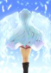  1girl blue_hair blue_sky boots brown_footwear day facing_away feathers floating_hair from_behind knee_boots labcoat legs_together long_hair ore_twintail_ni_narimasu outdoors pink_skirt see-through shiny shiny_hair skirt sky solo standing twoearle very_long_hair white_feathers wind wings yuto_(dialique) 