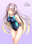  1girl arms_behind_back bare_shoulders blonde_hair blush breasts collarbone competition_swimsuit eyebrows_visible_through_hair highres kiku_ichimonji_norimune_(tenka_hyakken) lavender_hair long_hair looking_at_viewer multicolored_hair nagishy one-piece_swimsuit signature simple_background solo swimsuit tenka_hyakken yellow_eyes 