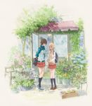  2girls :d asagao_to_kase-san bag bag_charm between_breasts blonde_hair brown_hair charm_(object) flower holding_pot jacket kase_tomoka key_visual kneehighs loafers multiple_girls official_art open_door open_mouth plaid plaid_skirt plant potted_plant red_neckwear school_bag school_uniform shirt shoes short_hair skirt smile sneakers strap_cleavage sweater_vest track_jacket tree vines white_shirt yamada_yui 