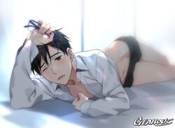  1boy artist_name black_hair blue-framed_eyewear boxers brown_eyes collared_shirt eyewear_removed gearous glasses katsuki_yuuri lying male_focus no_pants on_side one_eye_closed open_clothes open_mouth open_shirt shirt underwear yuri!!!_on_ice 