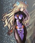  1girl ass_visible_through_thighs bangs blonde_hair blue_eyes blue_ribbon blush bodysuit bow breasts closed_mouth covered_navel emblem groin hair_bow hand_on_own_chest hips liz_hohenstein long_hair looking_down muvluv muvluv_alternative pilot_suit purple_bodysuit ribbon schwarzesmarken skin_tight standing thigh_gap two_side_up 