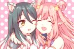  2girls :d ;d ^_^ animal_ears bangs bare_shoulders black_hair blush blush_stickers brown_eyes cheek-to-cheek closed_eyes closed_mouth commentary_request eyebrows_visible_through_hair gucchiann hair_between_eyes hair_ornament hair_rings kashiwazaki_hatsune kashiwazaki_shiori light_brown_hair long_hair multiple_girls one_eye_closed open_mouth pink_background pointy_ears polka_dot polka_dot_background princess_connect! sidelocks smile star star_hair_ornament very_long_hair 