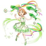  1girl :d ankle_ribbon asuna_(sao) brown_eyes brown_hair collarbone dress fish flower frilled_dress frills full_body green_footwear green_ribbon hair_flower hair_ornament hair_ribbon layered_dress looking_at_viewer open_mouth outstretched_arms pumps purple_flower ribbon short_hair simple_background sleevelss_dress smile solo sundress sword_art_online white_background white_legwear younger 