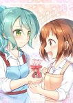  2girls :d alternate_hairstyle aqua_hair bag bang_dream! bangs blush brown_eyes brown_hair clenched_hand collared_shirt dress giving green_eyes hand_on_own_chest hazawa_tsugumi holding_bag multiple_girls open_mouth orange_dress ousawa_kanata pinafore_dress ponytail red_ribbon ribbon shirt sleeves_folded_up smile upper_body valentine white_shirt yuri 