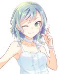  1girl ;) aqua_hair bang_dream! blue_bow blue_camisole blue_choker bow camisole choker collarbone e20 finger_gun green_eyes hair_bow hand_up hikawa_hina index_finger_raised looking_at_viewer one_eye_closed self_shot short_hair side_braids simple_background smile solo upper_body white_background 