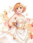  1girl :d aiba_yumi arm_strap blonde_hair breasts brown_eyes casino_(casinoep) choker collarbone dress flower frilled_dress frills hair_flower hair_ornament idolmaster idolmaster_cinderella_girls jewelry medium_breasts necklace open_mouth red_flower ribbon short_hair skirt_hold sleeveless sleeveless_dress smile solo standing white_background white_dress white_flower white_ribbon wrist_flower 