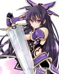  1girl armor armored_dress bag black_bow black_gloves black_hair bow date_a_live eyebrows_visible_through_hair gloves hair_between_eyes hair_bow hibiki_mio high_ponytail holding holding_sword holding_weapon long_hair looking_at_viewer purple_bow simple_background smile solo spaulders standing sword very_long_hair violet_eyes weapon white_background yatogami_tooka 