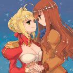  2girls ahoge bangs blonde_hair blue_neckwear bow bowtie braid breasts brown_eyes brown_hair bubble cleavage closed_mouth epaulettes eye_contact eyebrows eyebrows_visible_through_hair facing_another fate/extra fate_(series) french_braid green_eyes hair_between_eyes hair_bun hair_intakes hair_ribbon hand_holding kishinami_hakuno_(female) large_breasts long_hair long_sleeves looking_at_another multiple_girls nero_claudius_(fate) nero_claudius_(fate)_(all) red_ribbon ribbon school_uniform see-through shiny shiny_hair sideways_mouth single_braid smile sunagimo_(nagimo) turtleneck upper_body 