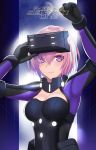  1girl arm_up breasts cleavage eyebrows_visible_through_hair fate/grand_order fate_(series) hair_over_one_eye hands highres looking_at_viewer mash_kyrielight medium_breasts parody pink_hair ready_player_one short_hair smile solo violet_eyes visor zhao_shixuan 