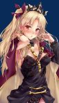 1girl asymmetrical_sleeves black_leotard blonde_hair blush cape commentary earrings ereshkigal_(fate/grand_order) fate/grand_order fate_(series) hair_ribbon highres hoop_earrings jewelry leotard long_hair marisasu_(marisa0904) nail_polish navy_blue_background open_mouth red_cape red_eyes red_ribbon ribbon single_sleeve skull solo spine tiara twintails 