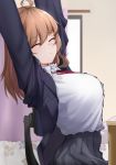  1girl ahoge bangs bedroom black_skirt blazer breasts brown_hair closed_eyes closed_mouth eyebrows_visible_through_hair from_side indoors jacket large_breasts open_blazer open_clothes open_jacket original pleated_skirt school_uniform skirt solo stretch xiu_jiayihuizi 