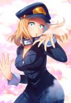  1girl abiko_yuuji blonde_hair bodysuit boku_no_hero_academia breasts cleavage cowboy_shot hat highres kemii_(boku_no_hero_academia) large_breasts looking_at_viewer parted_lips pink_background police_hat simple_background smoke solo sparkle unzipped zipper 