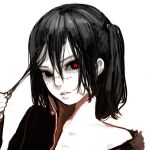  1girl black_eyes black_hair commentary copyright_request doremi hair_grab hand_up head_tilt heart heart-shaped_pupils looking_at_viewer off_shoulder parted_lips scar solo symbol-shaped_pupils two_side_up upper_body white_background 