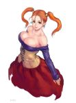 1girl bangs bare_shoulders breasts brown_eyes cleavage collarbone commentary_request corset dragon_quest dragon_quest_viii dress earrings jessica_albert jewelry large_breasts long_hair long_sleeves looking_at_viewer mikanman open_mouth orange_hair signature simple_background skirt smile solo strapless strapless_dress twintails white_background 