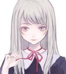  1girl choker closed_mouth dress grey_hair hand_up highres light_smile long_hair looking_at_viewer neck_ribbon original p2_(uxjzz) purple_dress red_neckwear red_ribbon ribbon ribbon_choker simple_background smile solo upper_body violet_eyes white_background 