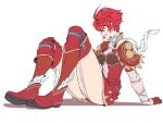  1girl armor breasts brown_eyes chest_armor fire_emblem fire_emblem_if garter_straps gloves hands_on_ground highres hinoka_(fire_emblem_if) kevvv kneehighs looking_to_the_side on_ground puffy_sleeves red_footwear redhead scarf short_hair sitting smirk thighs white_scarf 