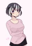  1girl black_hair black_skirt breasts hanekawa_tsubasa kokomi_(aniesuakkaman) large_breasts monogatari_(series) multicolored_hair open_mouth pleated_skirt short_hair skirt solo standing sweater two-tone_hair violet_eyes white_hair 