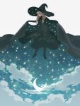  1girl black_clothes black_footwear blonde_hair cape cape_lift closed_eyes clouds crescent_moon dress drill_hair highres monaka_(siromona) moon night night_sky original sky solo star_(sky) starry_sky starry_sky_print witch 