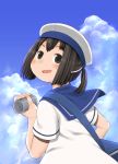  1girl bag black_eyes black_hair blue_sailor_collar blue_sky clouds daitou_(kantai_collection) day depth_charge dress from_behind harukaze_unipo hat kantai_collection open_mouth outdoors sailor_collar sailor_dress sailor_hat short_hair short_sleeves sky smile solo strap upper_body white_hat 