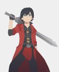  absurdres black_hair blue_eyes coat commentary cosplay dante_(devil_may_cry) dante_(devil_may_cry)_(cosplay) darling_in_the_franxx devil_may_cry devil_may_cry_4 hand_in_pocket highres hiro_(darling_in_the_franxx) holding holding_sword holding_weapon long_coat male_focus nurk over_shoulder red_coat short_hair solo sword sword_over_shoulder weapon weapon_over_shoulder 