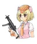  1girl blonde_hair collared_shirt deerstalker eyebrows_visible_through_hair giant_pangolin_(kemono_friends) gun hat highres kemono_friends necktie omnisucker pangolin_ears scales shirt short_hair short_sleeves sleeve_cuffs solo t-shirt upper_body vest weapon 