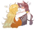  2girls animal_ears armpits artist_request asymmetrical_docking black_hair blake_belladonna blonde_hair blush breast_press cat_ears closed_eyes face_licking licking multiple_girls rwby surprised sweatdrop yang_xiao_long yellow_eyes yuri 