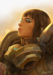  1girl alternate_costume aqua_eyeshadow asp_pharah backlighting black_hair commentary_request dark_skin egyptian_clothes eyelashes eyeshadow lips makeup medium_hair no_headwear nose overwatch parted_lips pharah_(overwatch) power_armor sae_(revirth) solo 