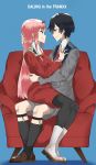  1boy 1girl black_hair black_legwear blue_eyes boots breasts brown_footwear commentary couple darling_in_the_franxx eyebrows_visible_through_hair hand_on_another&#039;s_chest hand_on_another&#039;s_head highres hiro_(darling_in_the_franxx) horns hug kaz_(kaazzz0416) large_breasts long_hair looking_at_another military military_uniform necktie oni_horns orange_neckwear pantyhose pink_hair red_eyes red_horns red_neckwear shoes short_hair sitting sitting_on_lap sitting_on_person socks uniform white_footwear zero_two_(darling_in_the_franxx) 