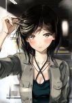  1girl arm_up bangs blush breasts brown_eyes casual cleavage closed_mouth criss-cross_halter day hair_tousle halterneck hand_in_hair jacket kinugasa_yuuichi lips looking_at_viewer mole mole_under_eye open_clothes open_jacket original outdoors parking_garage short_hair solo upper_body 