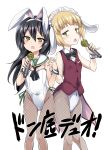  2girls absurdres adapted_uniform animal_ears bangs black_hair black_neckwear blonde_hair bow bowtie bunny_girl bunnysuit chestnut_mouth commentary_request covered_navel cutlass_(girls_und_panzer) detached_collar eyebrows_visible_through_hair fishnet_pantyhose fishnets frilled_hairband girls_und_panzer green_eyes hairband hand_holding highres interlocked_fingers leotard long_hair looking_at_viewer microphone miyao_ryuu multiple_girls neckerchief open_mouth pantyhose rabbit_ears reizei_mako short_hair sleeveless translation_request white_background white_hairband white_leotard wrist_cuffs 