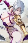  1girl arched_back ass bangs blue_eyes breasts cleavage dated feet_out_of_frame female from_side hair_over_one_eye isabella_valentine large_breasts looking_at_viewer parted_lips revealing_clothes short_hair sidelocks silver_hair solo soul_calibur soulcalibur_vi tea_(nakenashi) thighs twitter_username whip 