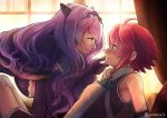  2girls ahoge ane-suisei armor armpits black_gloves blush camilla_(fire_emblem_if) curtains elbow_gloves eye_contact eyebrows_visible_through_hair fire_emblem fire_emblem_if from_side gloves hand_on_another&#039;s_chin hinoka_(fire_emblem_if) leaning_back looking_at_another multiple_girls purple_hair redhead short_hair sleeveless smile sunlight sweatdrop tiara wavy_hair window yuri 