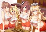  4girls absurdres blonde_hair blue_eyes braid breasts brown_hair cleavage clothes_writing commentary_request cowboy_shot double_v employee_uniform gambier_bay_(kantai_collection) hairband headgear highres hooters intrepid_(kantai_collection) iowa_(kantai_collection) kantai_collection large_breasts long_hair looking_to_the_side midriff multiple_girls open_mouth orange_shorts saratoga_(kantai_collection) short_hair short_shorts shorts table tank_top tongue tongue_out twin_braids uniform v yungel 