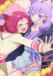  2girls :d ^_^ closed_eyes double_bun eyebrows eyebrows_visible_through_hair happy highres hugtto!_precure long_hair long_sleeves looking_at_another low_twintails multiple_girls nono_hana open_mouth pink_hair precure purple_hair purple_ribbon ribbon ruru_amour sayvi short_hair short_twintails smile twintails violet_eyes 