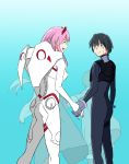  1boy 1girl asymmetrical_horns black_bodysuit black_hair blue_eyes bodysuit breasts closed_eyes couple crying darling_in_the_franxx formal gloves grey_gloves highres hiro_(darling_in_the_franxx) holding horns large_breasts long_hair looking_at_another oni_horns pink_hair red_bodysuit red_horns ryuarisato short_hair suit white_gloves white_suit zero_two_(darling_in_the_franxx) 