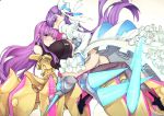  2girls ass blue_eyes breasts claws fate/extra fate/extra_ccc fate_(series) hair_ribbon honda_(obon) huge_breasts juliet_sleeves long_hair long_sleeves looking_at_viewer looking_back meltlilith multiple_girls passion_lip puffy_sleeves purple_hair purple_ribbon ribbon sidelocks sitting sitting_on_person smile thigh-highs very_long_hair violet_eyes white_ribbon 
