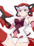  1girl ahoge bare_shoulders bodysuit gloves highres lavender_hair leotard long_hair looking_at_viewer low_twintails senki_zesshou_symphogear sleeveless smile solo squid_neetommy thigh-highs twintails violet_eyes weapon white_background white_hair yukine_chris 