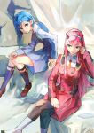  2girls aqua_eyes blue_hair darling_in_the_franxx geetgeet green_eyes hairband horns ichigo_(darling_in_the_franxx) long_hair looking_at_another multiple_girls pink_hair short_hair sitting straight_hair uniform white_hairband zero_two_(darling_in_the_franxx) 