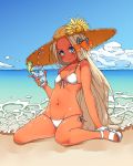  1girl abigail_williams_(fate/grand_order) bangs bare_shoulders beach bikini black_bow blonde_hair blue_eyes blush bow breasts clouds cup dark_skin day drinking_straw fate/grand_order fate_(series) flower front-tie_bikini front-tie_top hair_bow hat hat_flower highres ice ice_cube kobo_(cobo_0609) long_hair looking_at_viewer navel ocean orange_bow outdoors parted_bangs polka_dot polka_dot_bow sandals shiny shiny_skin side-tie_bikini sitting sketch skindentation sky small_breasts smile solo straw_hat sunflower swimsuit tan very_long_hair wariza water white_bikini 