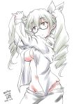  adjusting_hair anchovy artist_name bangs black-framed_eyewear black_ribbon breasts commentary_request dated drill_hair eyebrows_visible_through_hair girls_und_panzer glasses green_hair hair_ribbon hair_undone highres iwami_kyuuto long_hair looking_up medium_breasts navel no_bra open_clothes open_shirt pajamas panties pants pants_pull parted_lips red_eyes ribbon shirt signature simple_background standing twin_drills twintails underwear upper_body white_background white_panties white_pants white_shirt 