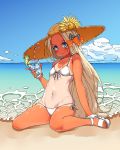  1girl abigail_williams_(fate/grand_order) bangs bare_shoulders beach bikini black_bow blonde_hair blue_eyes blush bow breasts clouds cup day drinking_straw fate/grand_order fate_(series) flower front-tie_bikini front-tie_top hair_bow hat hat_flower highres ice ice_cube kobo_(cobo_0609) long_hair looking_at_viewer navel ocean one-piece_tan orange_bow outdoors parted_bangs polka_dot polka_dot_bow sandals shiny shiny_skin side-tie_bikini sitting sketch skindentation sky small_breasts smile solo straw_hat sunflower swimsuit tan tanline very_long_hair wariza water white_bikini 