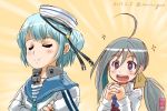 +_+ 2girls ahoge aqua_neckwear black_ribbon blue_hair blue_sailor_collar bow bowtie closed_eyes commentary_request dated dixie_cup_hat double_bun grey_eyes grey_hair hair_between_eyes hair_bow halterneck hands_clasped hat hat_ribbon kantai_collection kiyoshimo_(kantai_collection) long_hair long_sleeves low_twintails maira_gen military_hat multiple_girls neckerchief open_mouth own_hands_together ribbon sailor_collar samuel_b._roberts_(kantai_collection) school_uniform serafuku shirt short_hair sleeve_cuffs smug twintails twitter_username upper_body very_long_hair white_hat white_shirt yellow_background yellow_bow 