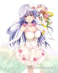  1girl :d blush bouquet breasts bridal_veil choker cleavage collarbone cowboy_shot date_a_live dress elbow_gloves floating_hair flower gloves grey_eyes hair_flower hair_ornament hair_ribbon hibiki_mio holding holding_bouquet izayoi_miku long_hair looking_at_viewer medium_breasts open_mouth pink_flower purple_hair ribbon short_dress simple_background sleeveless sleeveless_dress smile solo standing thigh-highs veil very_long_hair white_background white_dress white_gloves white_legwear white_ribbon zettai_ryouiki 